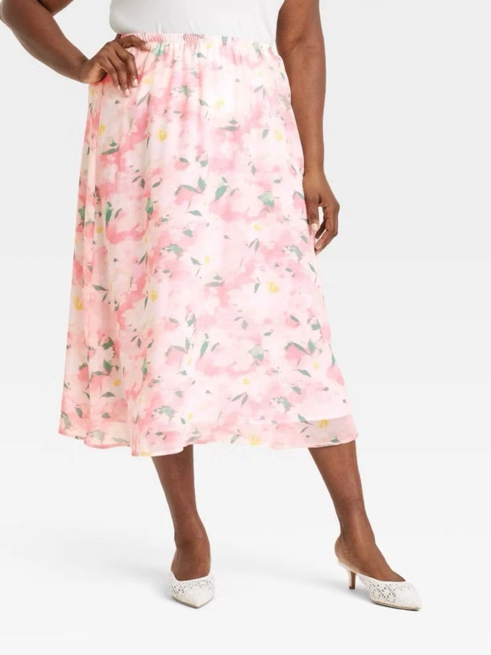 Pink Floral A-Line Midi Skirt